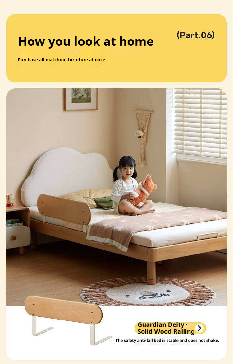 Beech Solid Wood Upholstered Kids Bed with Cloud-Shaped Headboard