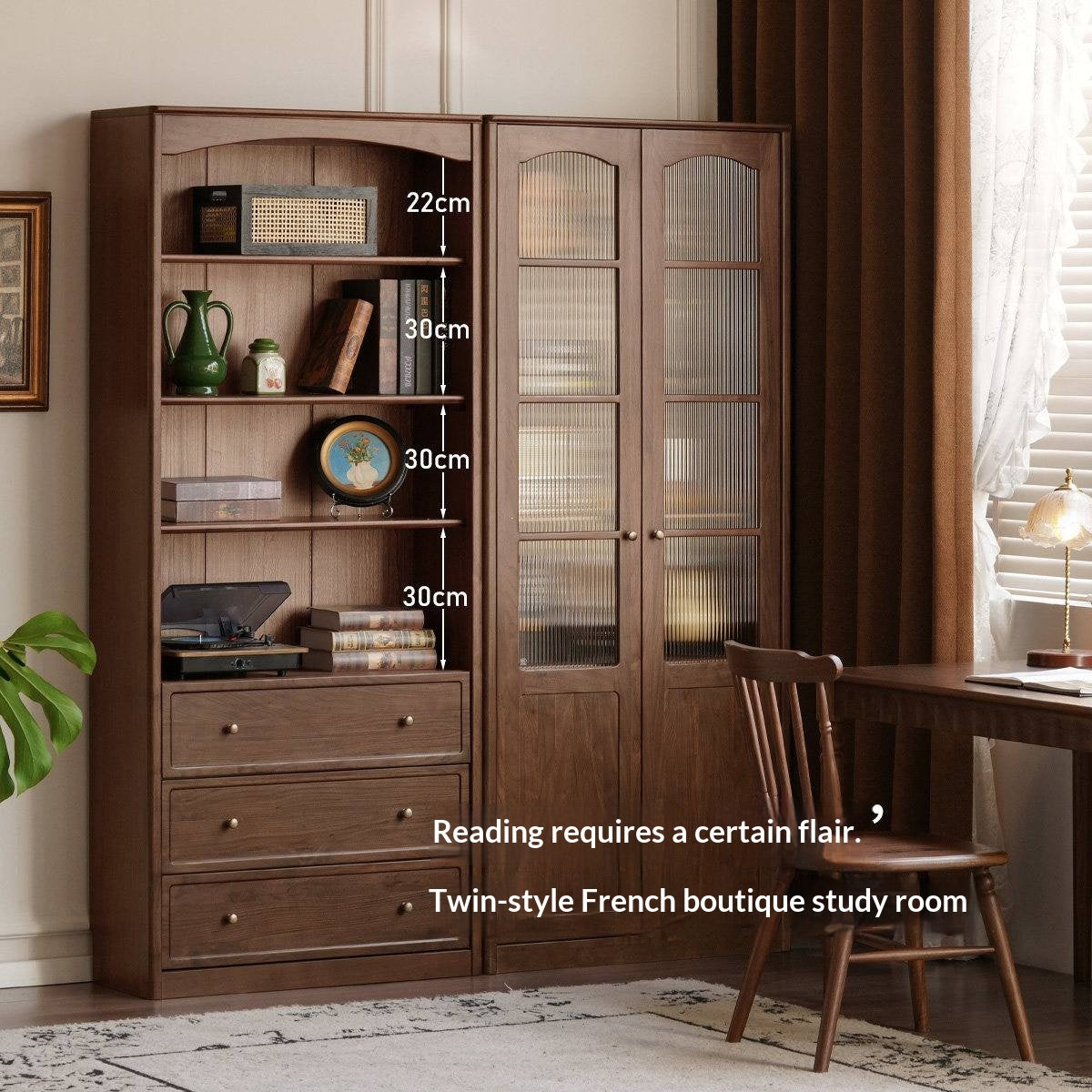 Black Walnut Solid Wood Bookshelf and Display Cabinet with Vintage French Profile