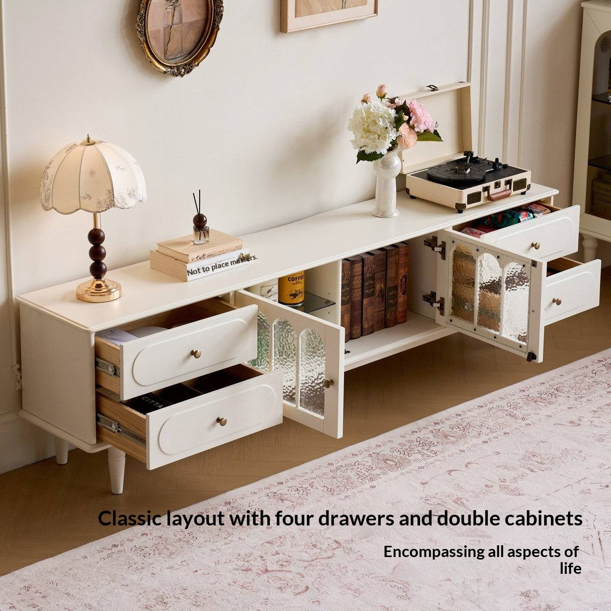 Solid RubberWood French Country TV Console with Arched Glass Doors