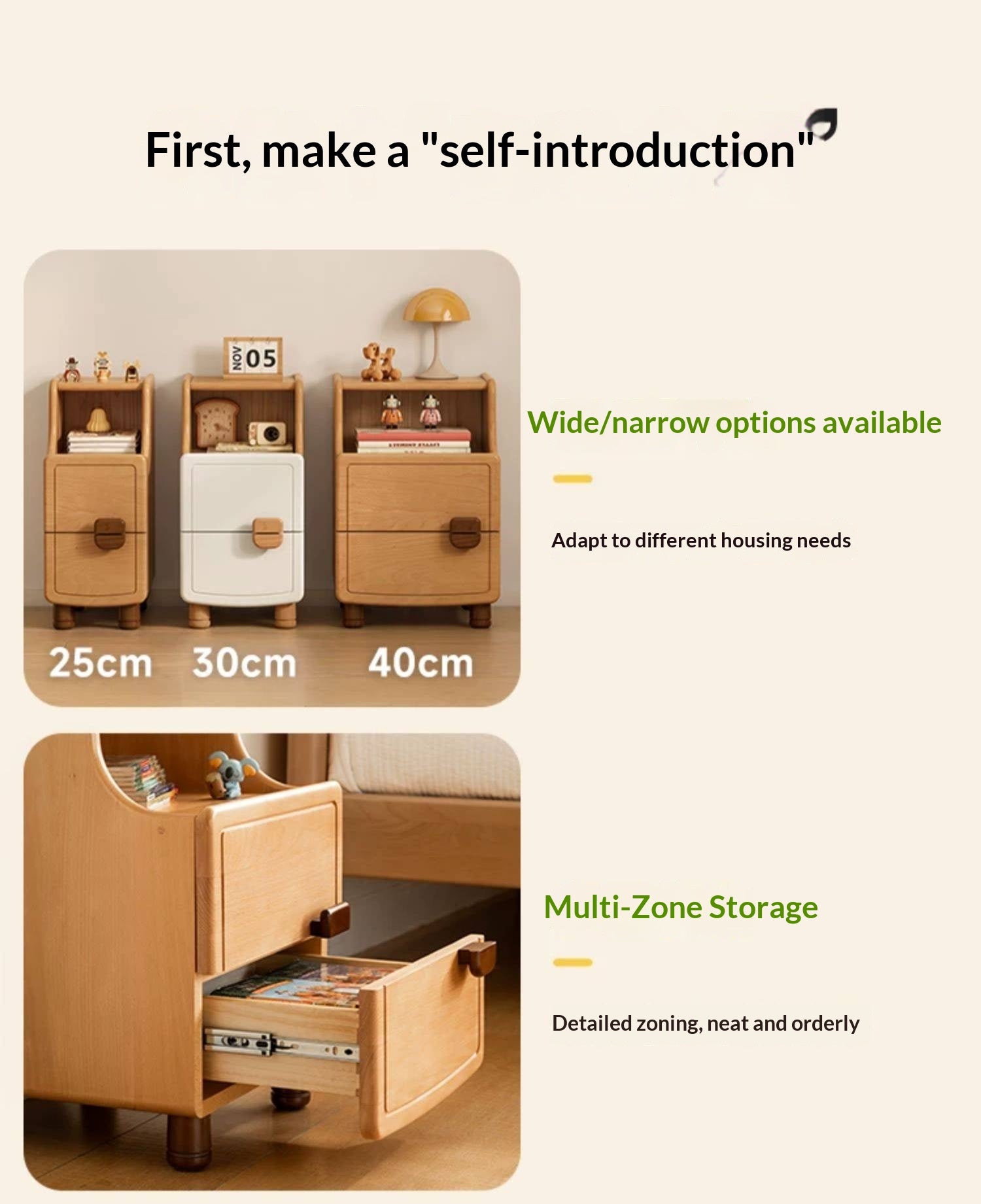 Beech Solid Wood Modern Kids Nightstand.