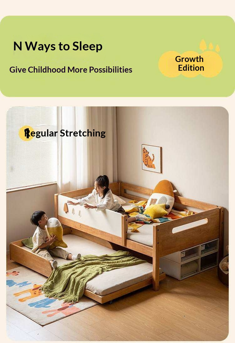 Rubberwood Solid Wood Kids Daybed with Trundle and Safety Guardrails