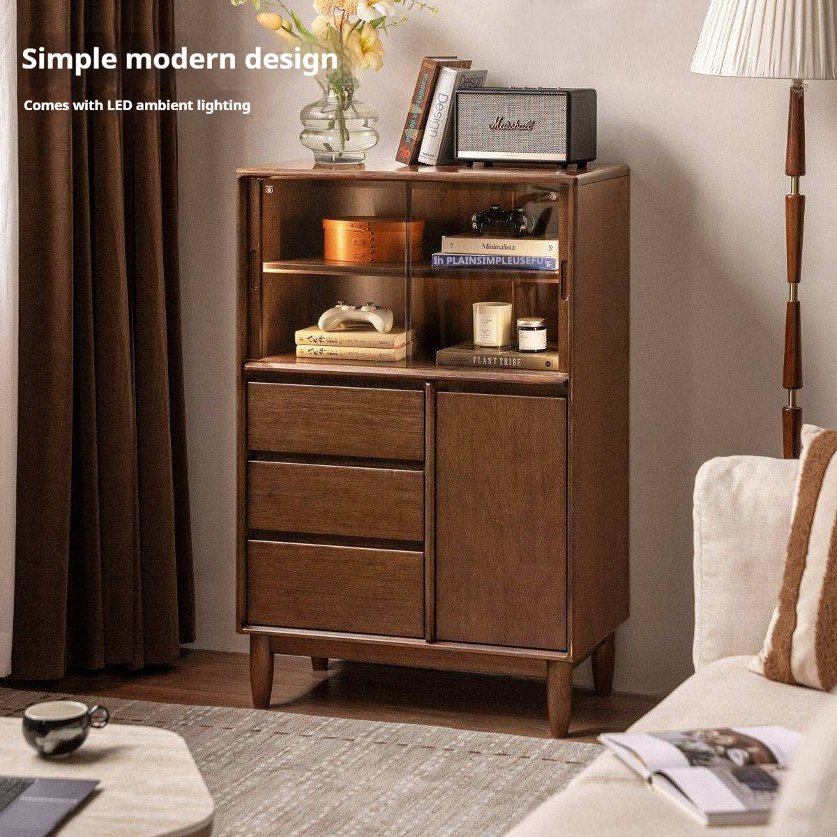 Golden Pear solid wood Side Cabinet with Enclosed Storage and Display Shelves