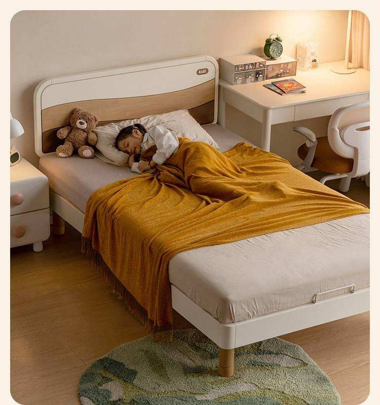 Rubberwood Solid Wood Kids Montessori Platform Bed with Adjustable Headboard, Warm White