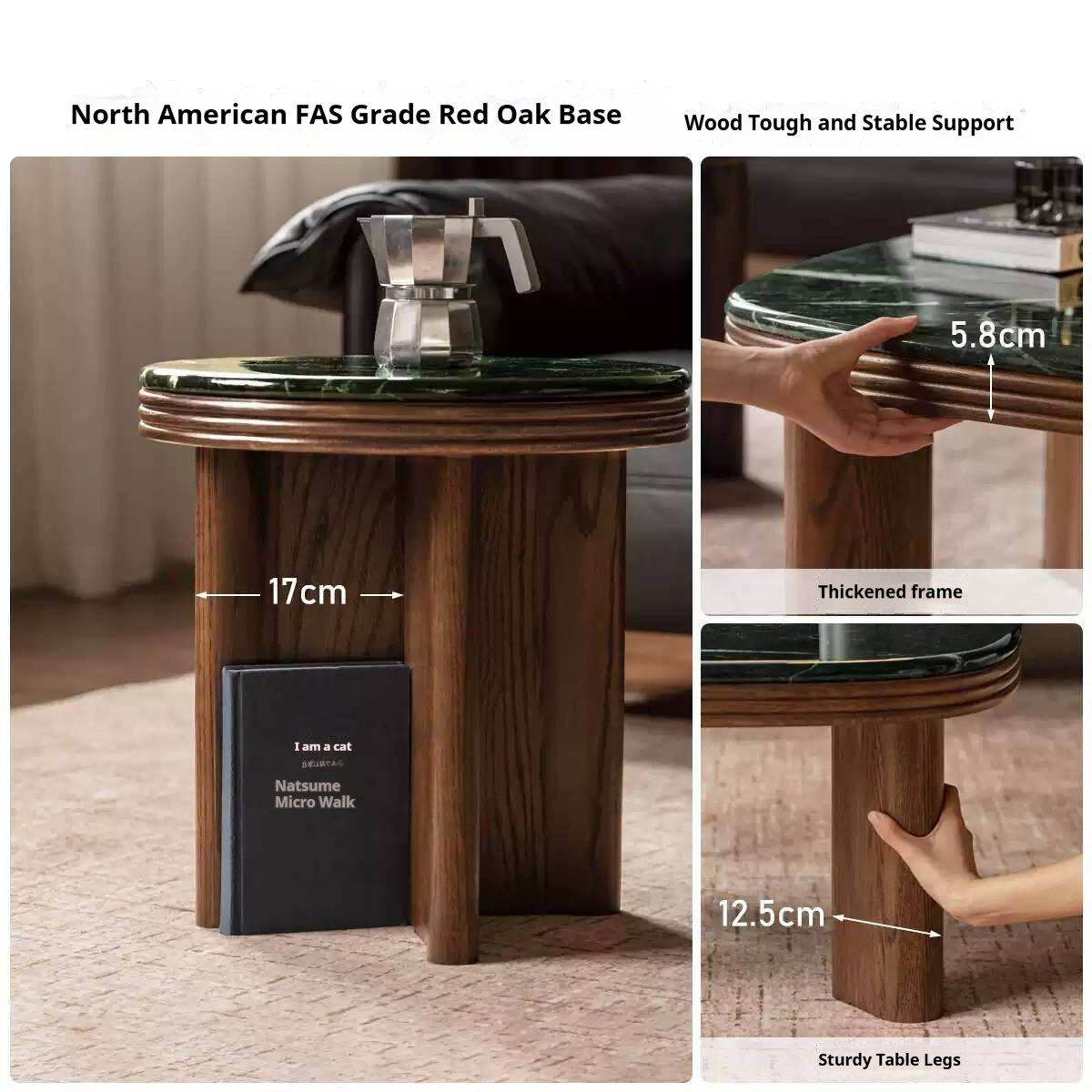 Oak Solid Wood Coffee Table with Green Marble Surface