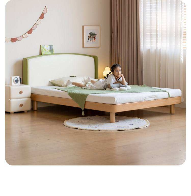 Beech Solid Wood Kids Upholstered Low Platform Bed with Curved Headboard