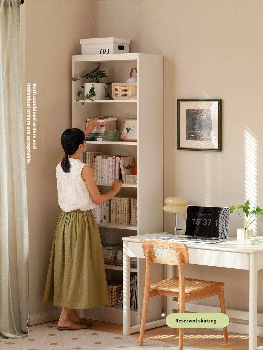 Solid Rubberwood Bookshelf Wall-To-Ceiling Shelf White Cream Style