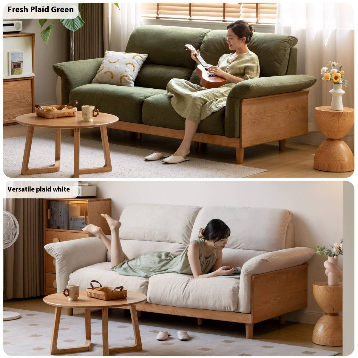 Oak Solid Wood Fabric Sofa, Couch with High Back Cushions, Durable Pet-Friendly Upholstery