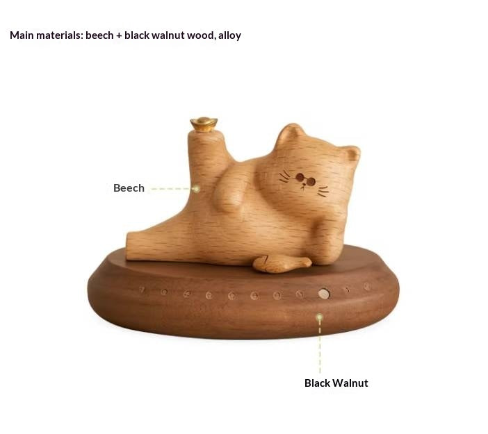 Beech, Black Walnut Solid Wood Lucky Cat Car Diffuser Ornament with Number Plate Design