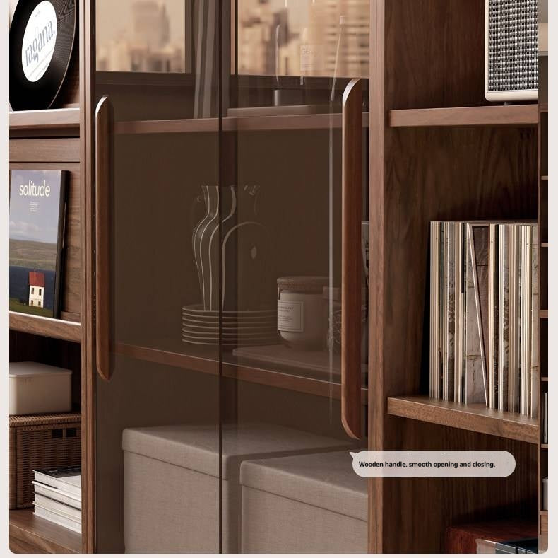 Black Walnut, Oak Solid Wood Floor-Standing Bookcase with Luxury Storage Cabinet