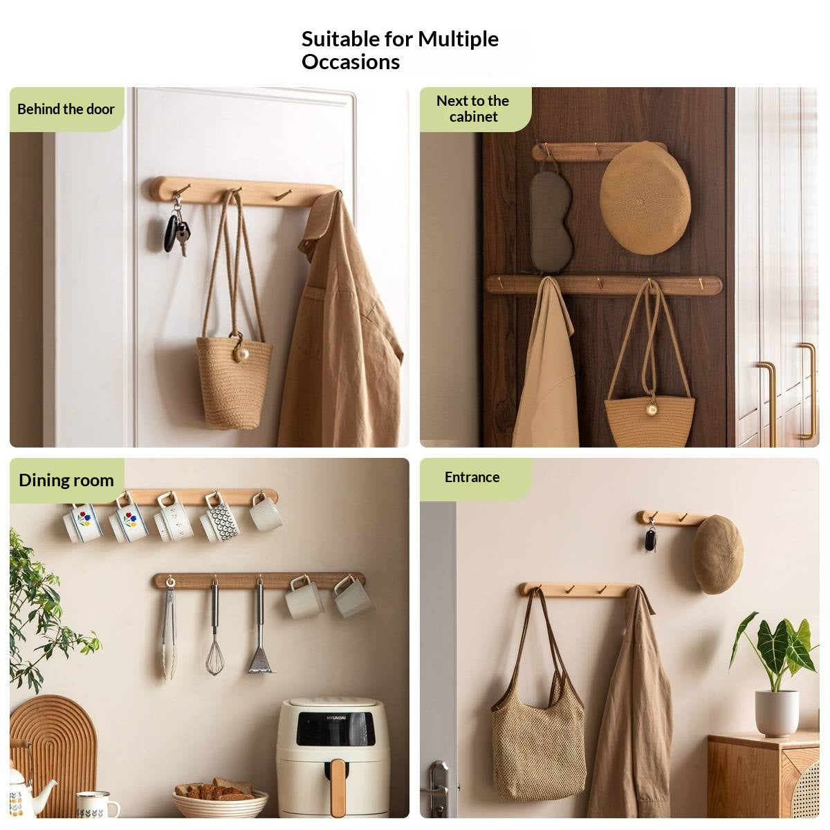 Beech, Acacia Solid Wood Hanging Clothes and Hat Rack