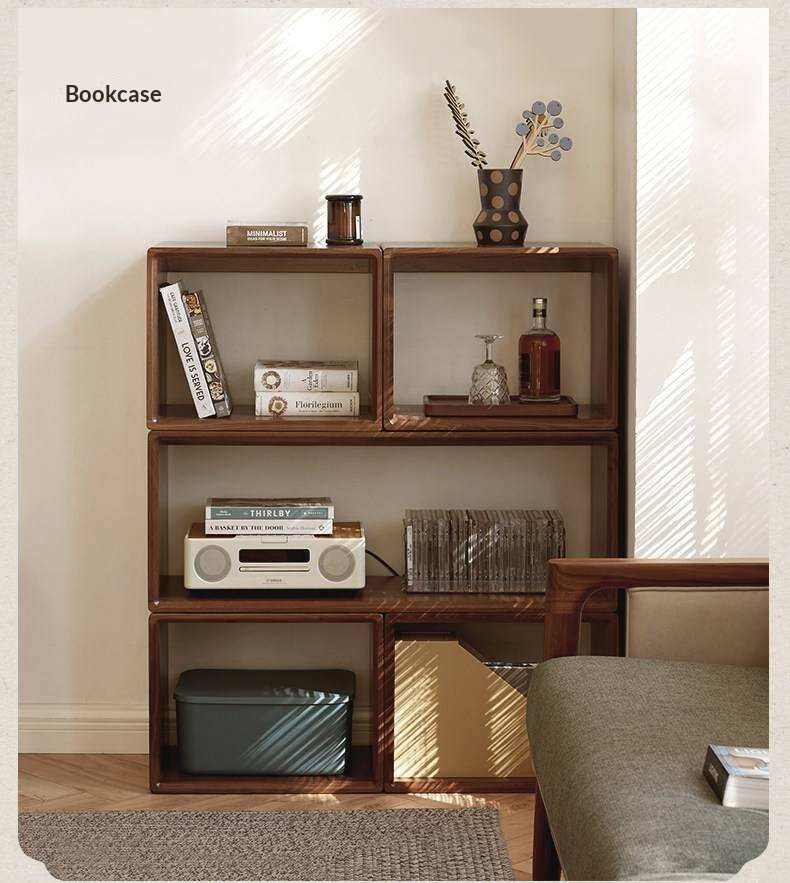 Black Walnut, Oak Solid Wood Small Combination Bookcase.
