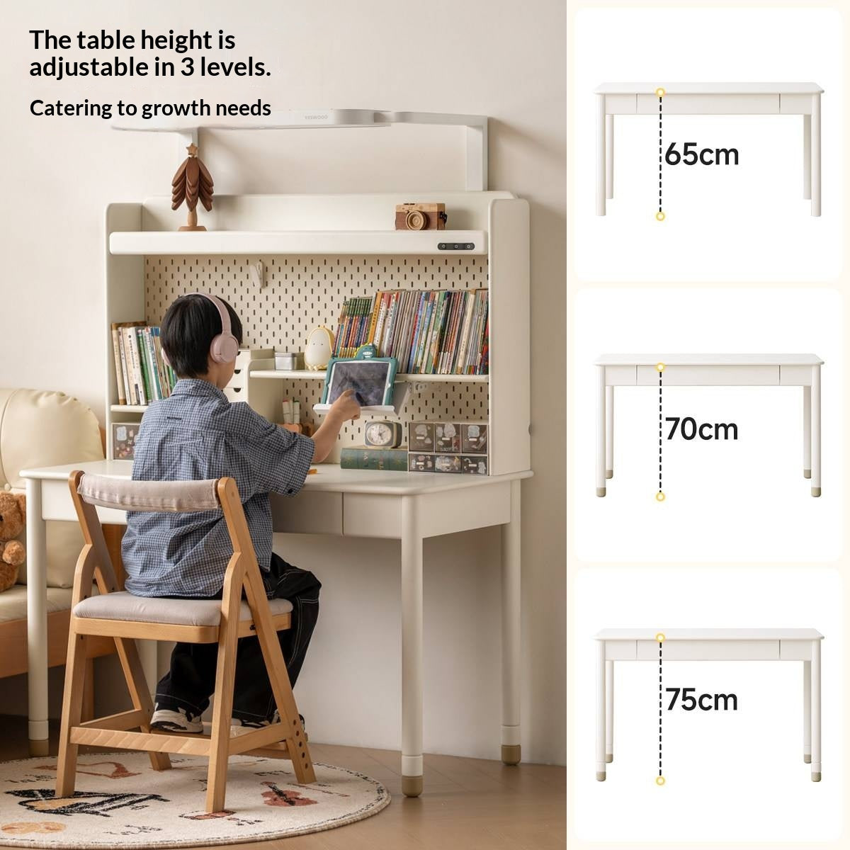 Solid Rubberwood Kids Elevated Learning Cream Drawer Table