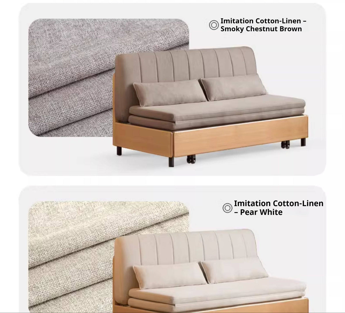 Beech, Birch Solid Wood Channeled Sofa Bed with Three-Fold Pull-Out Mechanism and Metal Legs