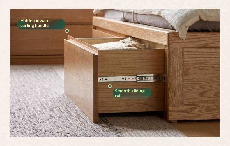 Oak Solid Wood Storage Bed with Hydraulic Lift-Up Frame and drawers