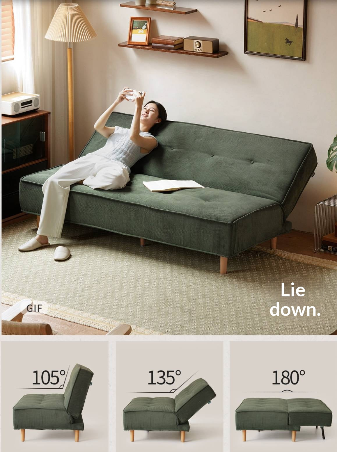 Armless Corduroy Futon Sofa Bed with Adjustable Backrest