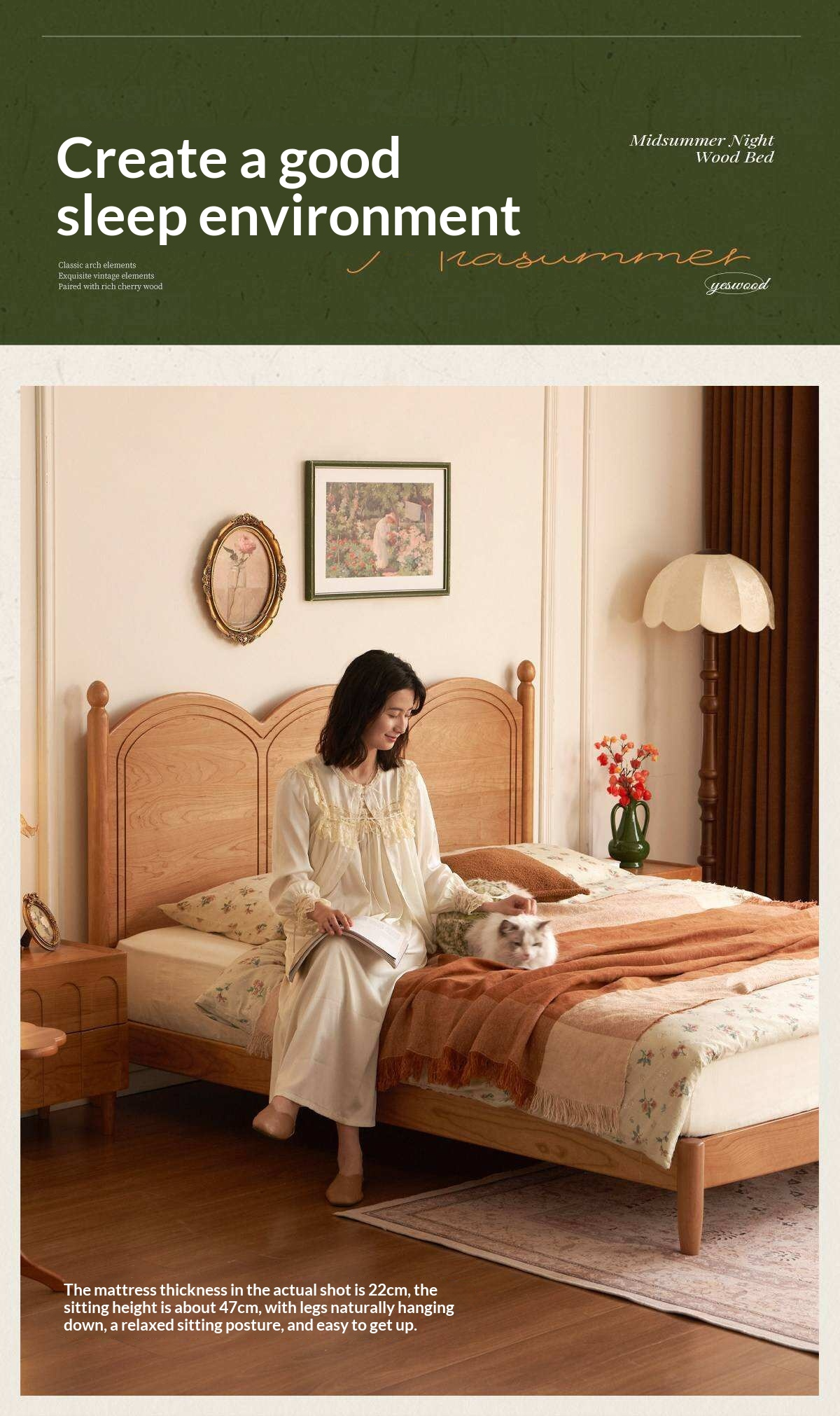 Cherry Solid Wood French Country Arched Platform Bed with Spindle Legs