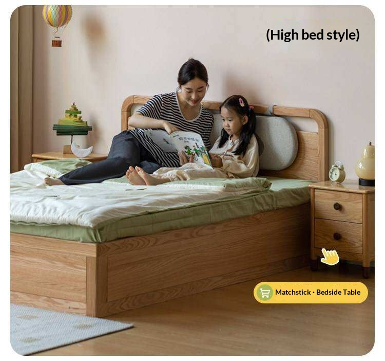 Oak, Rubberwood Solid Wood Storage Bed with Adjustable Height and Gas Lift