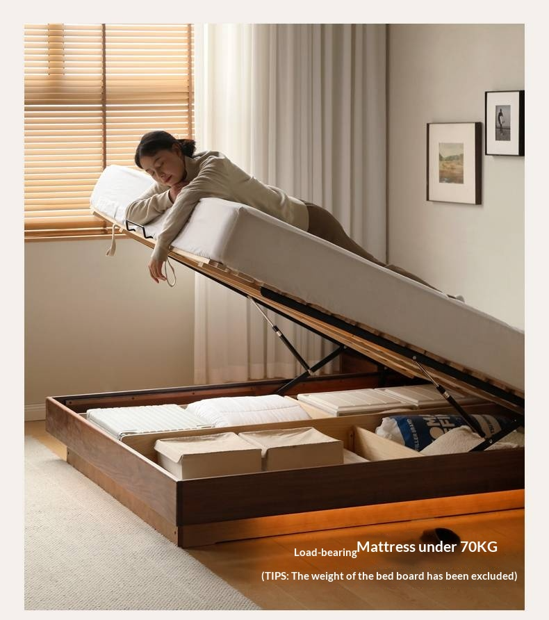 Black Walnut Solid Wood Platform Box Bed, Headboard-Free Bed Night Light Suspended Bed