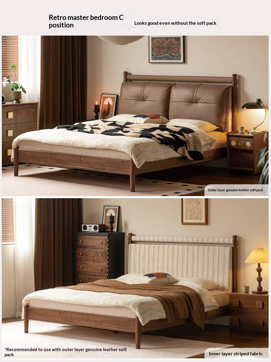 Black Walnut Solid Wood Bed with Plush Genuine Leather Cushioned Headboard
