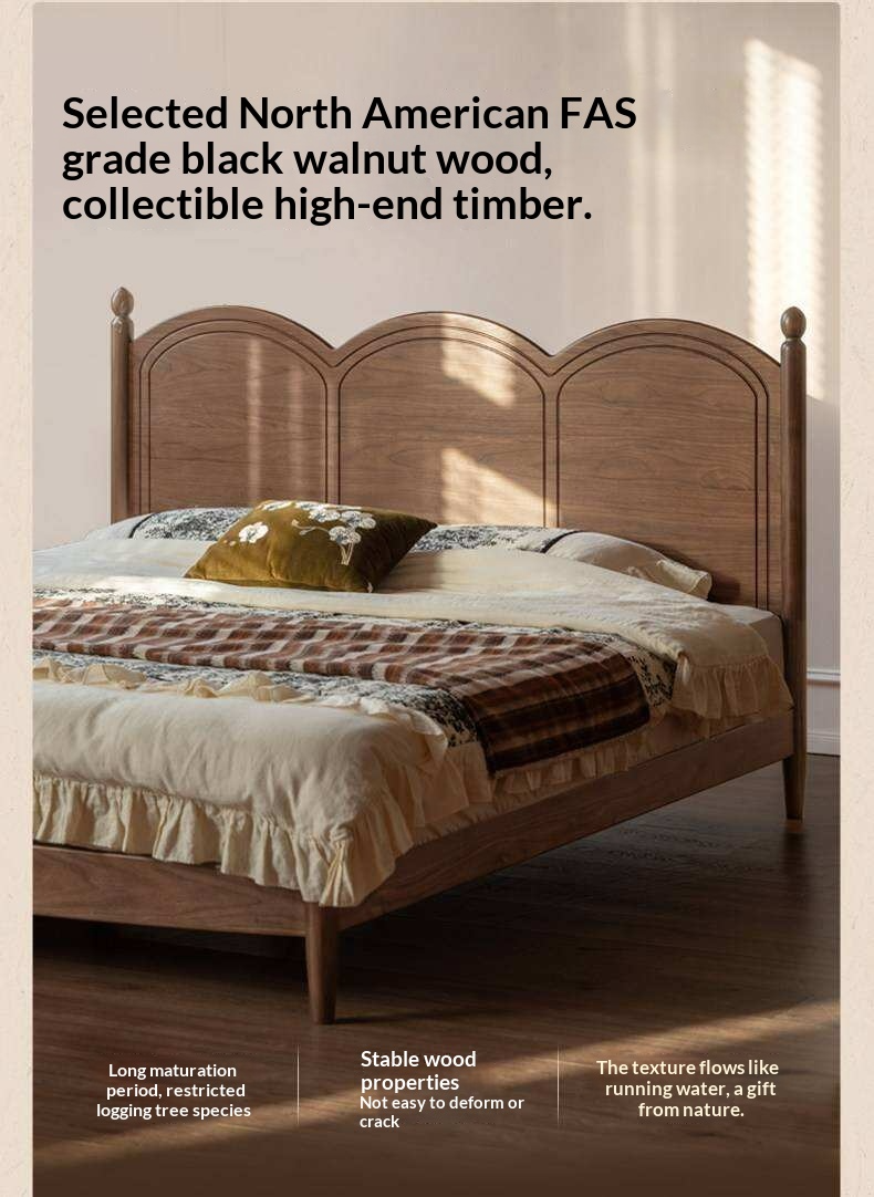 Black Walnut Solid Wood Bed with Arched French Country Headboard and Spindle Legs