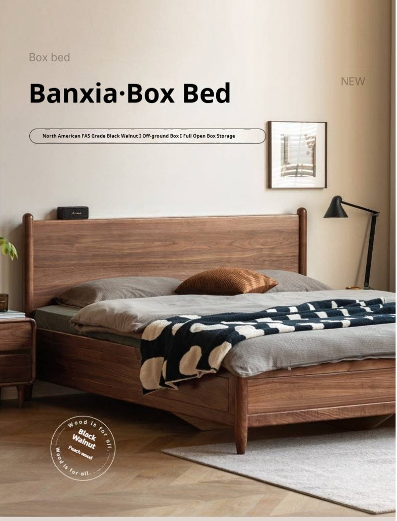 Black Walnut Solid Wood Adjustable Storage Bed with Flat Panel Headboard