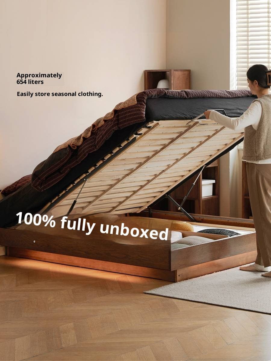 Oak Solid Wood Floating Platform Box Bed, Headboard-Free Bed with Light Modern Minimalist