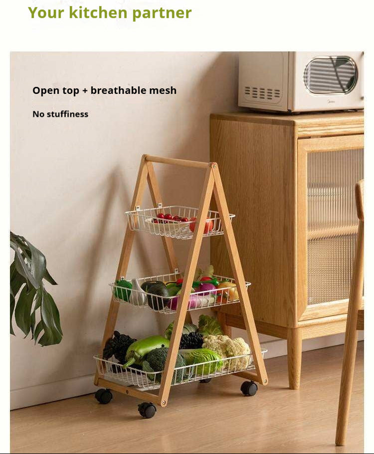 Beech Solid Wood Storage Rack with Multi-Layer and Mobile Trolley