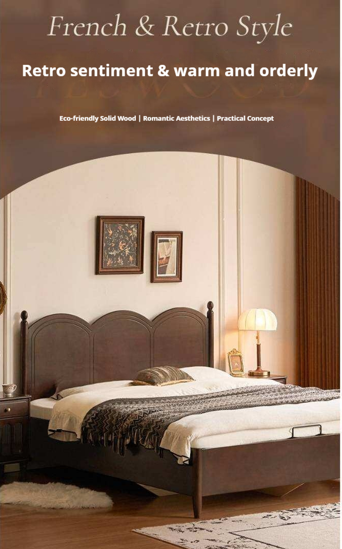 Poplar Solid Wood Bed with French Retro Style and Large Off-the-Floor Box Design