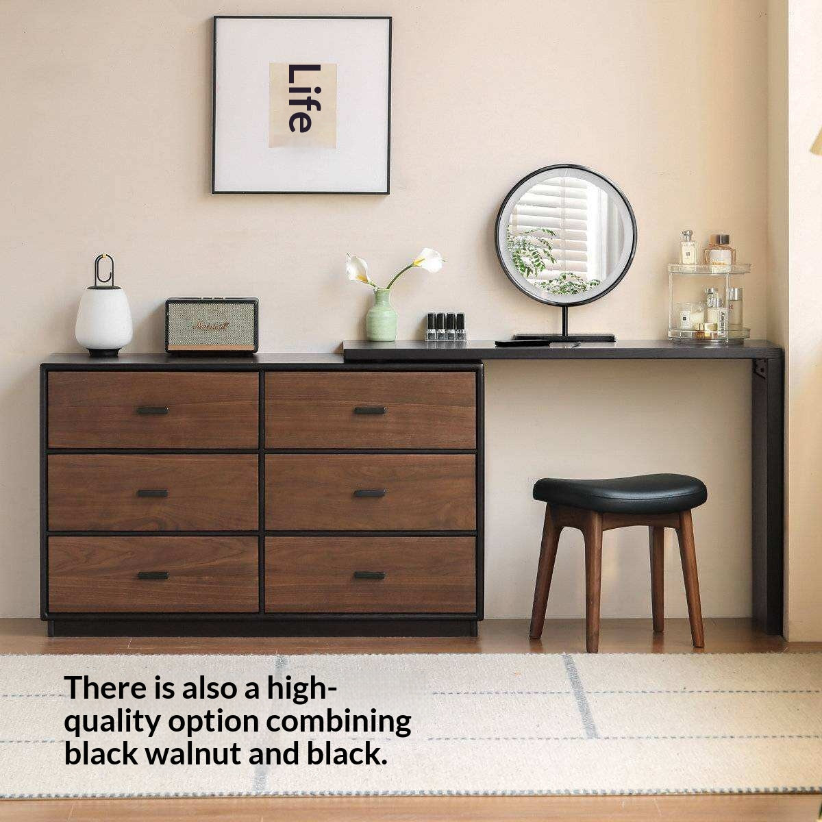 Solid RubberWood Extendable Vanity Desk and Dresser Combo, Italian Style