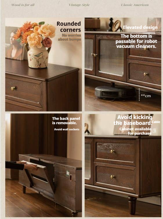 Ash Solid Wood Vintage TV Console with Fluted Glass Doors