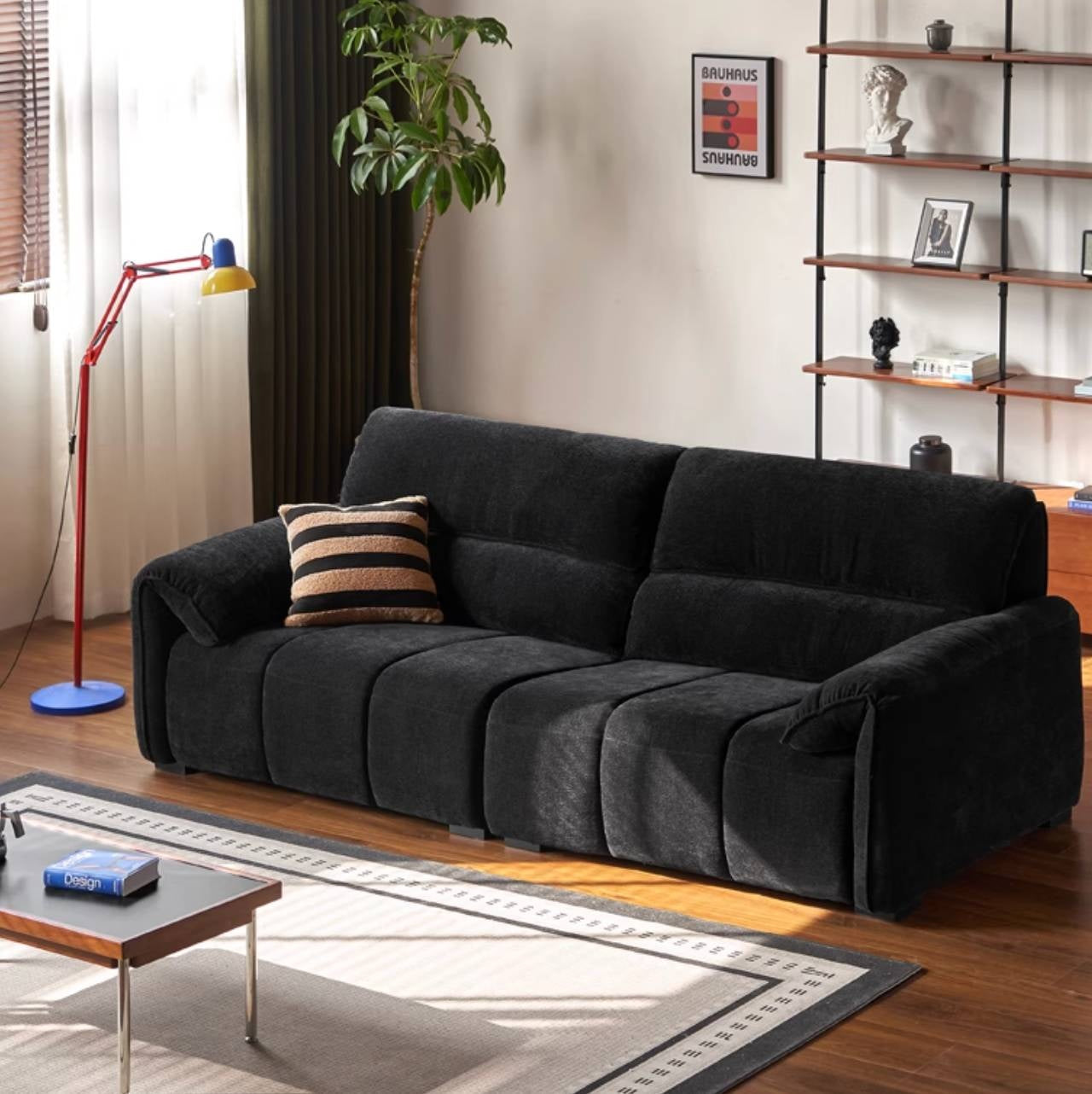 Piano-Key Black Chenille Sofa with Elephant-Ear Design