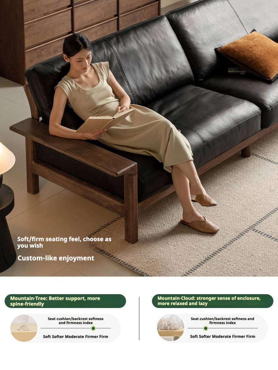 Black Walnut, Ash Solid Wood Wabi Sabi Style Genuine Leather Sofa, fabric sofa