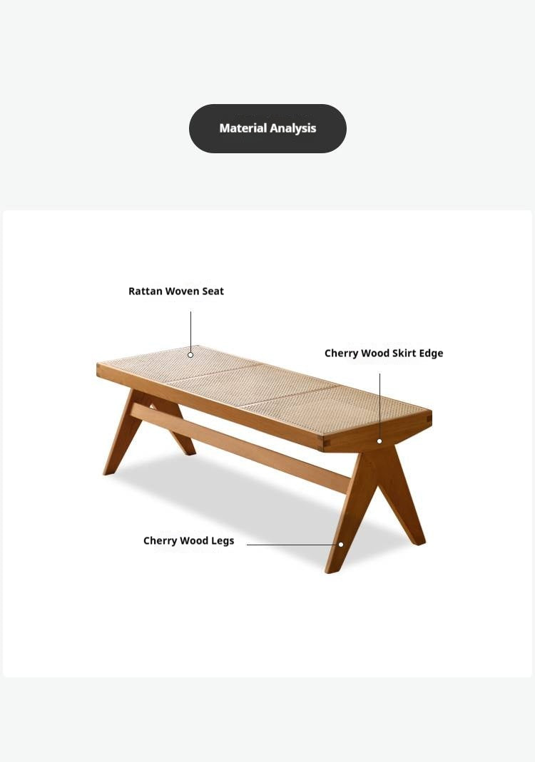 Cherry Solid Wood Rattan Retro Dining Bench