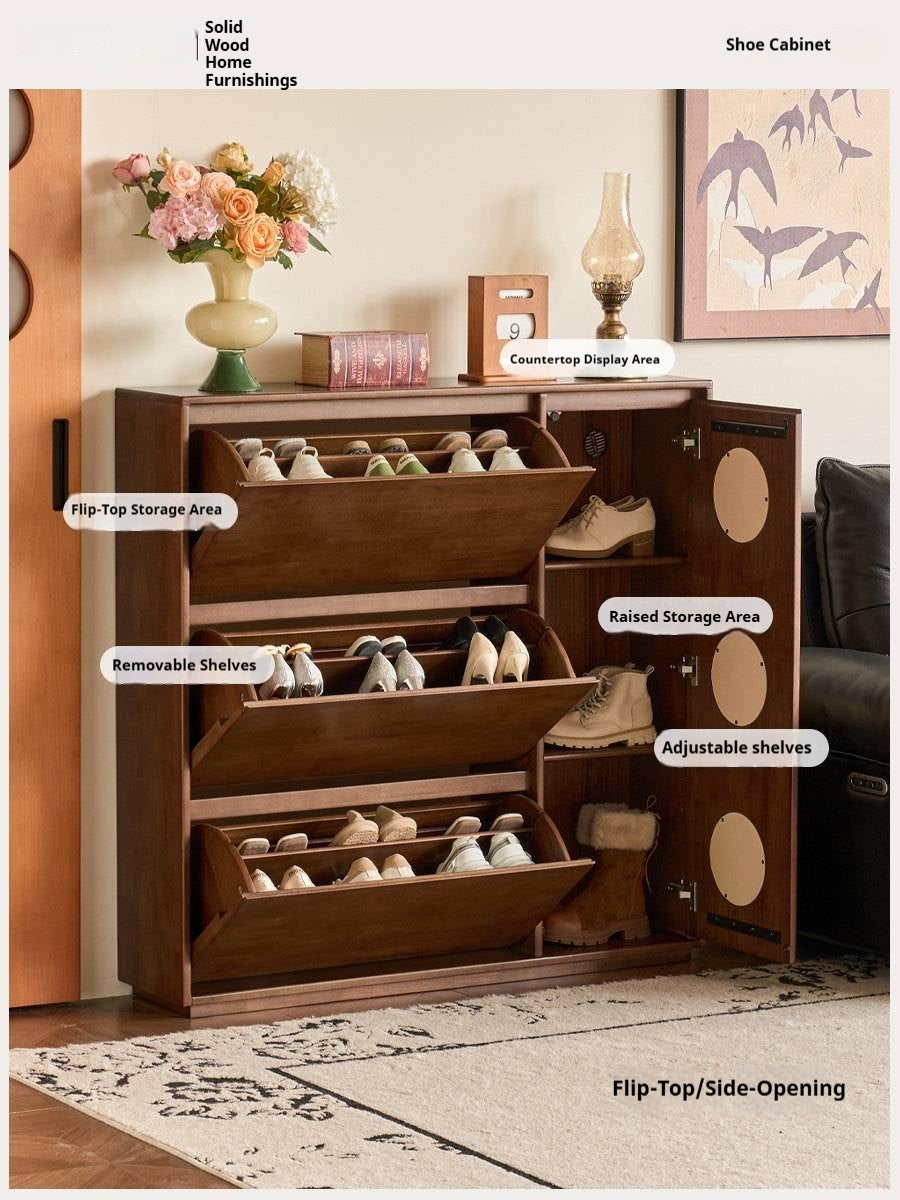 Solid RubberWood Vintage Shoe Cabinet with Flip-Down Drawers and Round Inlay Accents