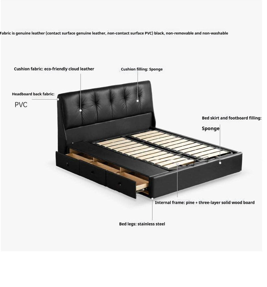 Genuine Leather Storage Bed with Tufted Headboard and Drawers