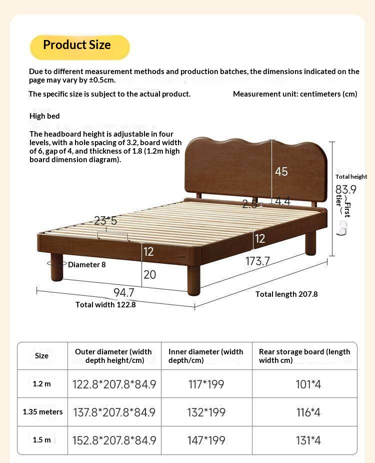 Rubberwood Solid Wood Low Kids Bed with Removable Legs and Adjustable Headboard Height