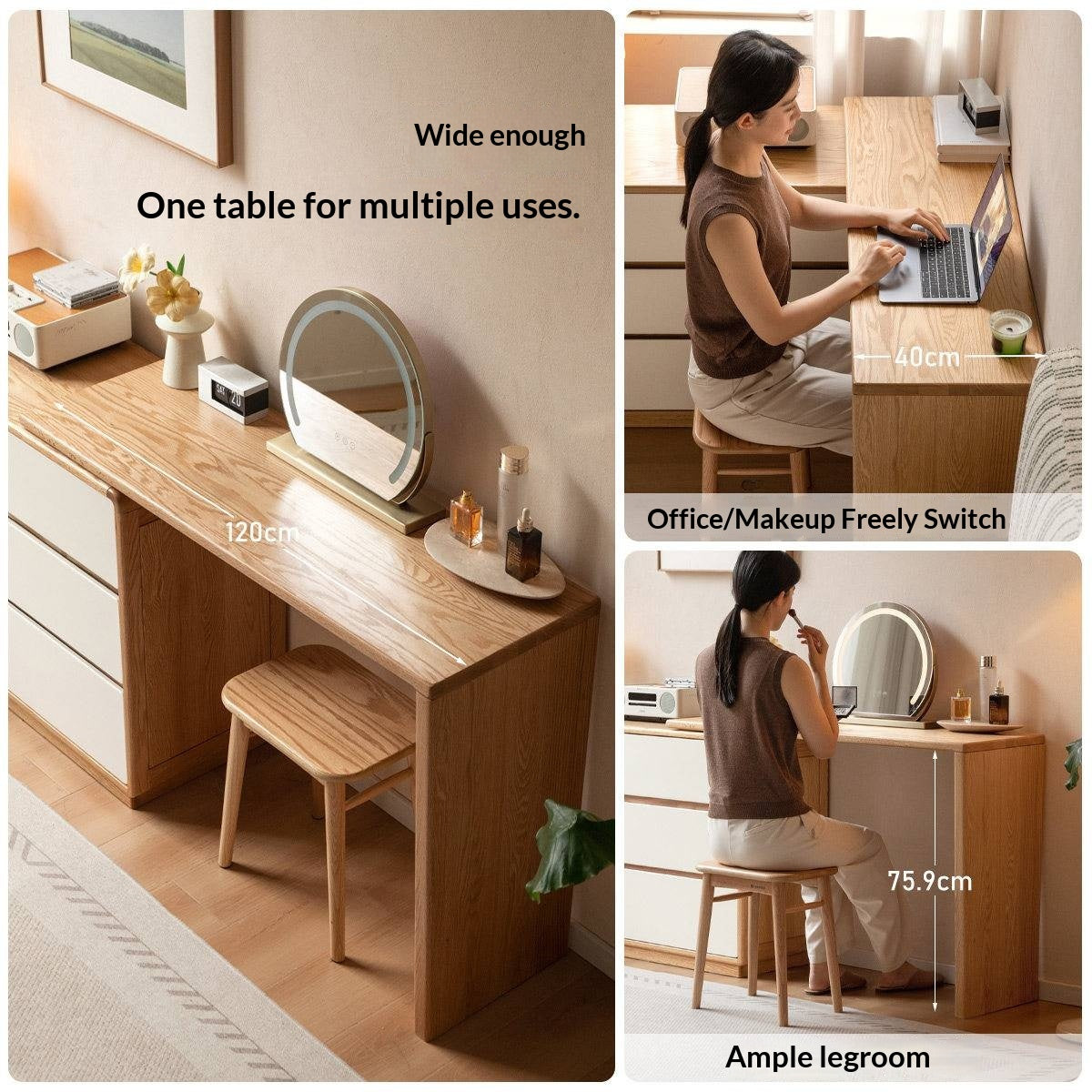 Oak Solid Wood Vanity Table & Storage Cabinet Set Cream Style