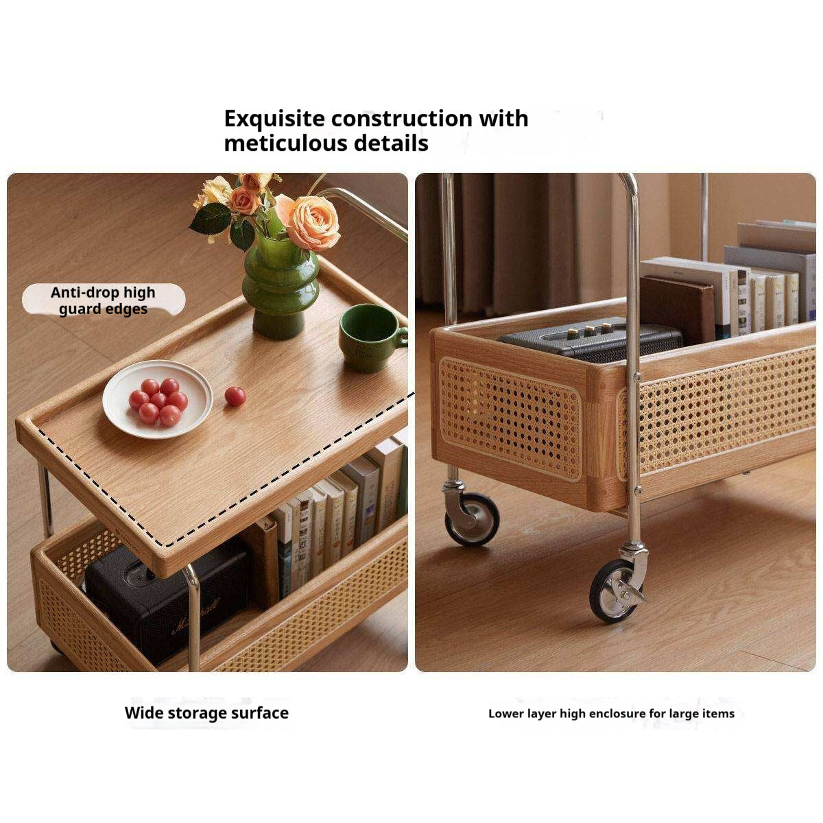 Oak Solid Wood Side Table with Double Layer Storage and Rattan Accents, Mobile