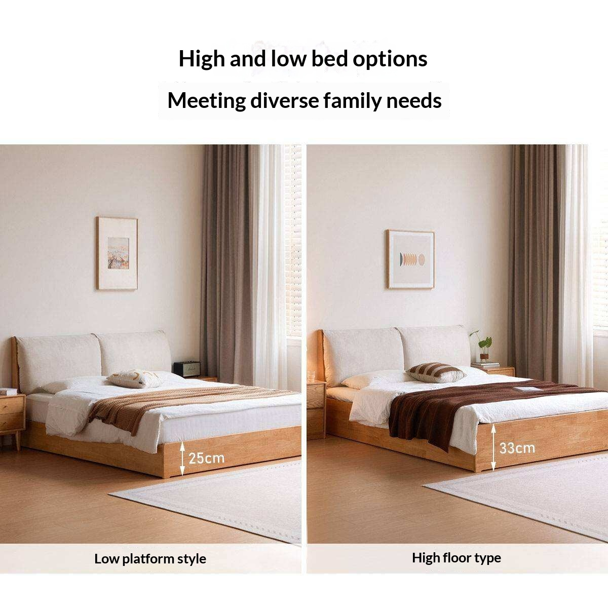 Rubberwood Solid Wood Storage Bed with Lift-Up Base and Soft Upholstered Headboard