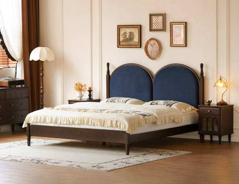 Poplar Solid Wood Bed with Double Arched Upholstered Headboard and Turned Wood Posts