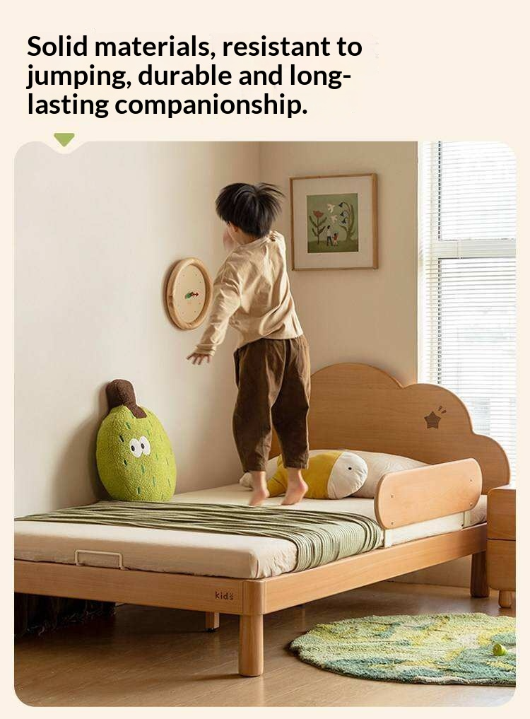 Beech Solid Wood Kids Montessori Platform Bed with Cloud Headboard
