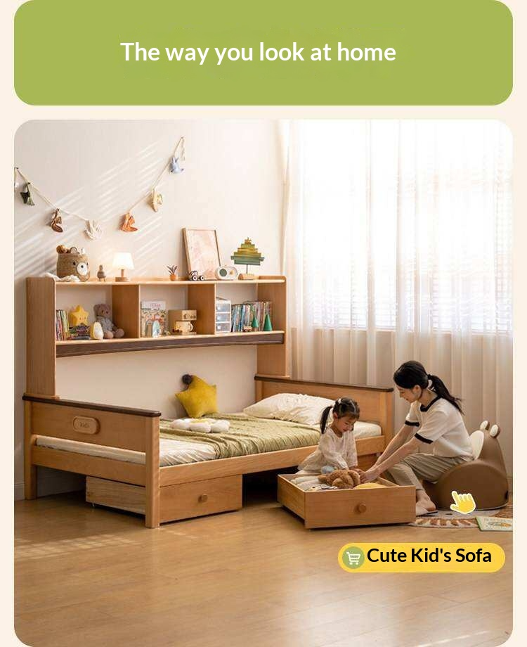 Beech Solid Wood Kids Bed with Bookcase Headboard and Pull-Out Trundle