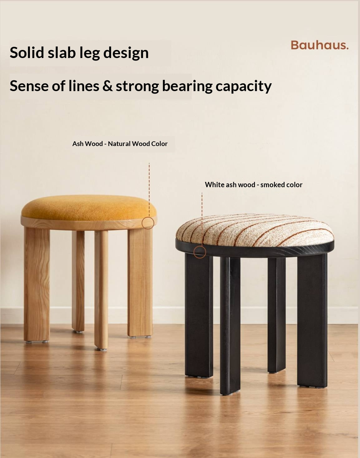 Ash Solid Wood Round Upholstered Stool with Slab Wood Legs