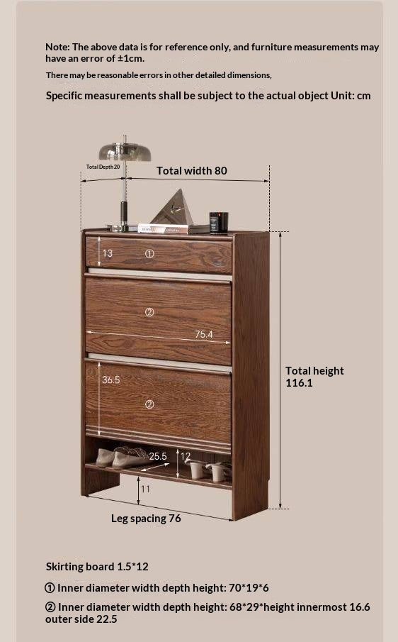 Oak Solid Wood Shoe Cabinet with Flip Doors and Light Italian Luxury Finish