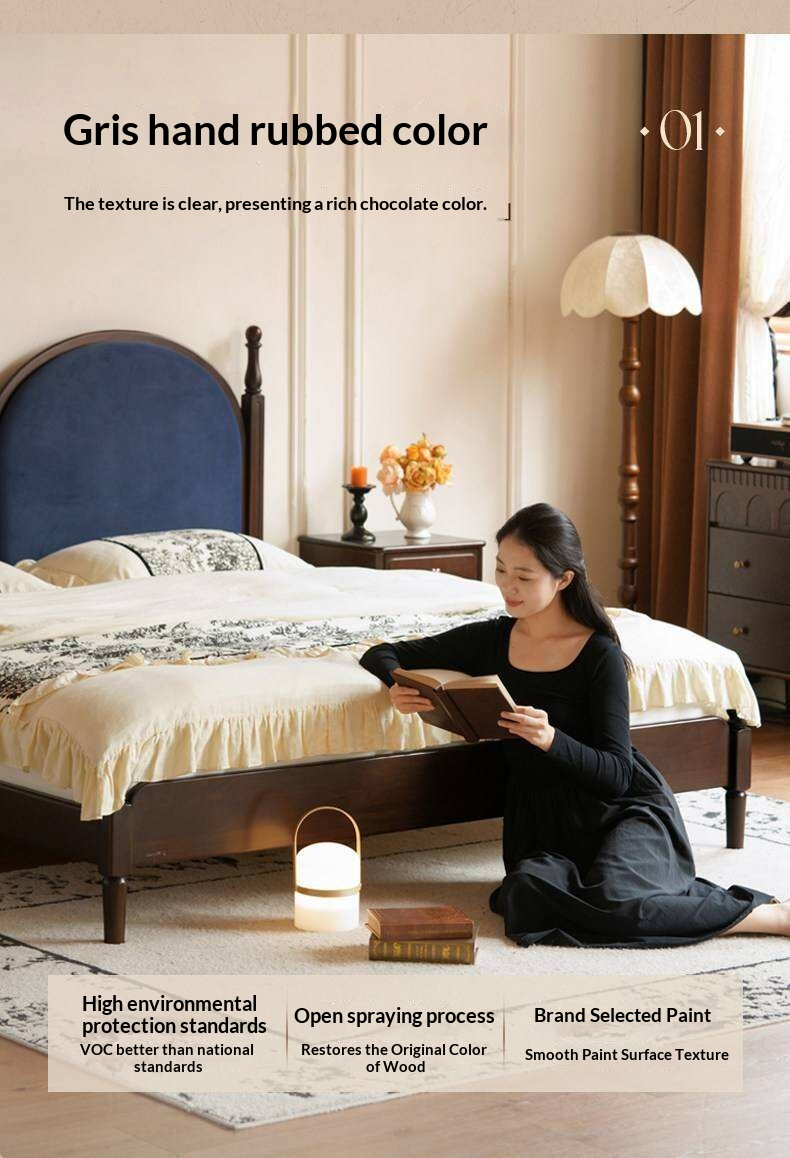 Poplar Solid Wood Bed with Double Arched Upholstered Headboard and Turned Wood Posts