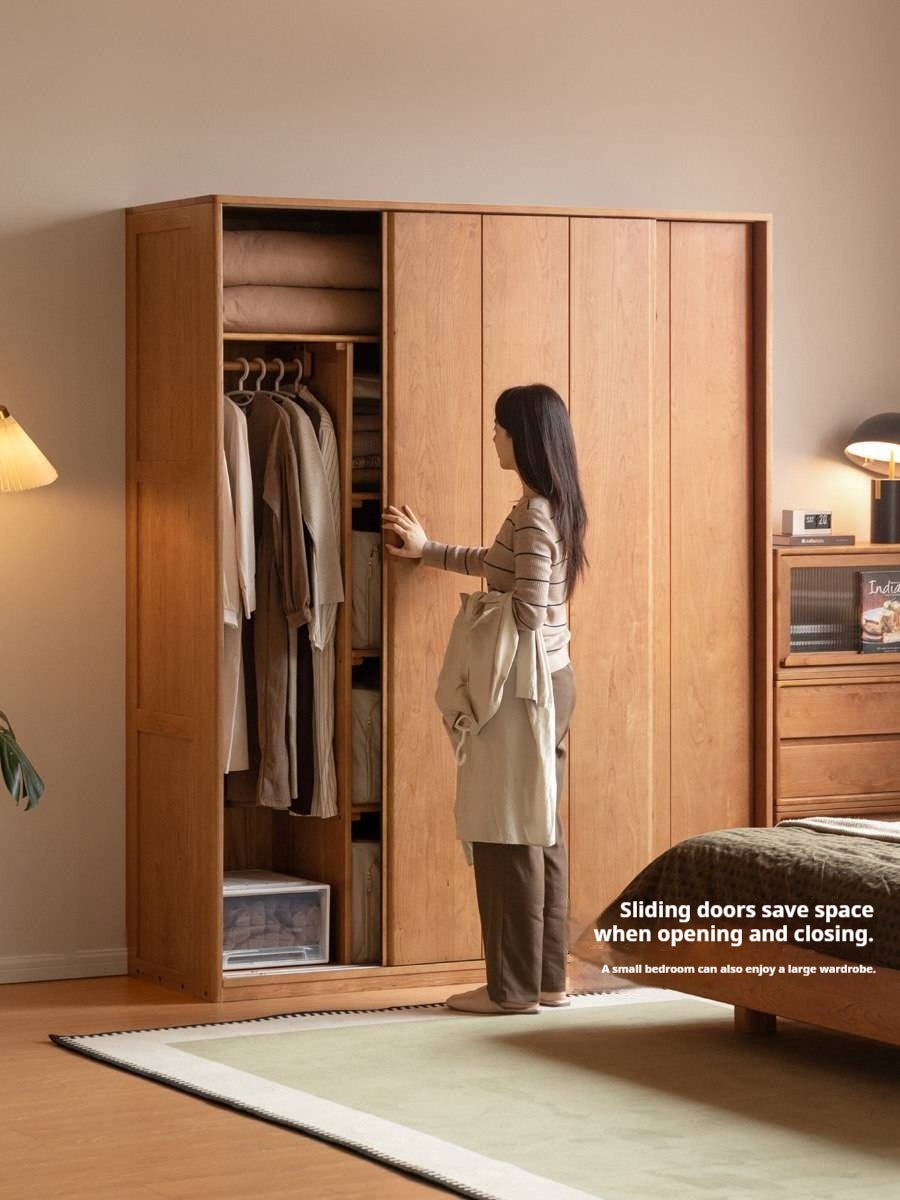 Cherry Wood Sliding Door Wardrobe Armoire with Hanging Rod and Shelves