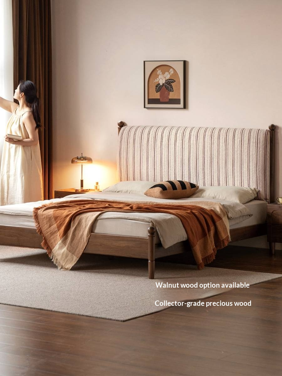 Cherry Solid Wood Fabric Upholstered Bed