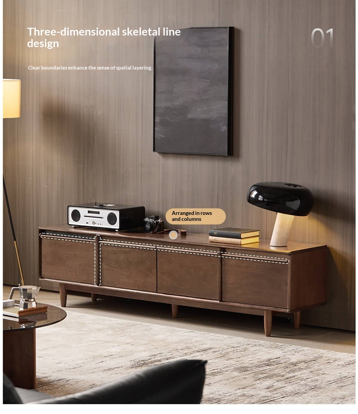 Sandalwood Solid Wood Italian Minimalist TV Console with Tapered Legs