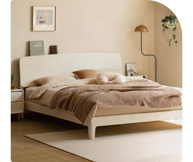 Oak Solid Wood Bed — Cream Style with Slanted Backrest