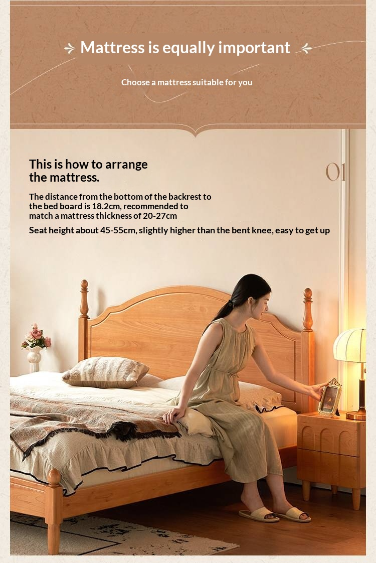 Birch Solid Wood Bed — French Retro Style, Large Slab Design, Mid-Range Style